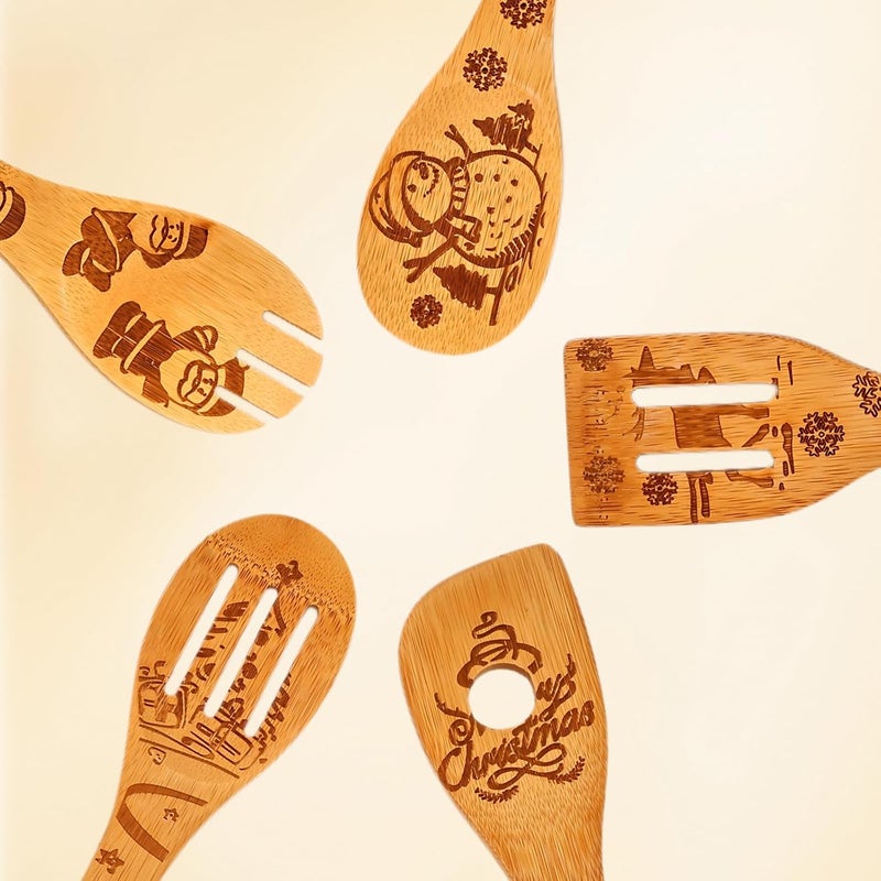 LeafyLane Wooden Utensil Set, Bamboo Utensils 5 pcs Wood Spoons for Cooking, Easy to Clean, Sturdy, Lightweight & Heat Resistant White Elephant Gift - Image 3